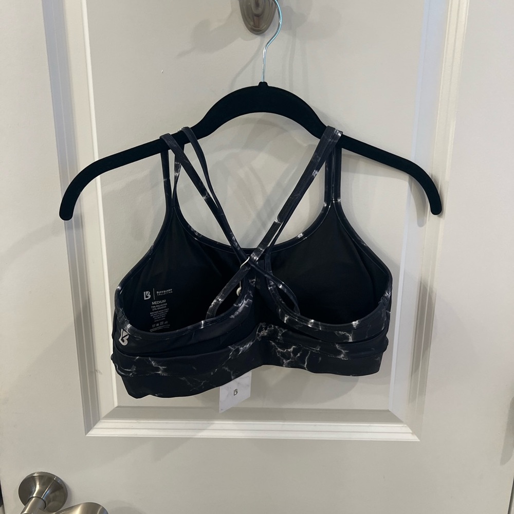 BuffBunny Black Marble Strappy Cross-Back Sports Bra